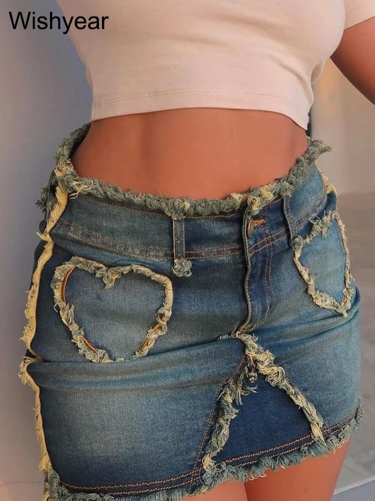 FZ Women's Heart Print Embroidery Ripped High Waist Mini Denim Skirt