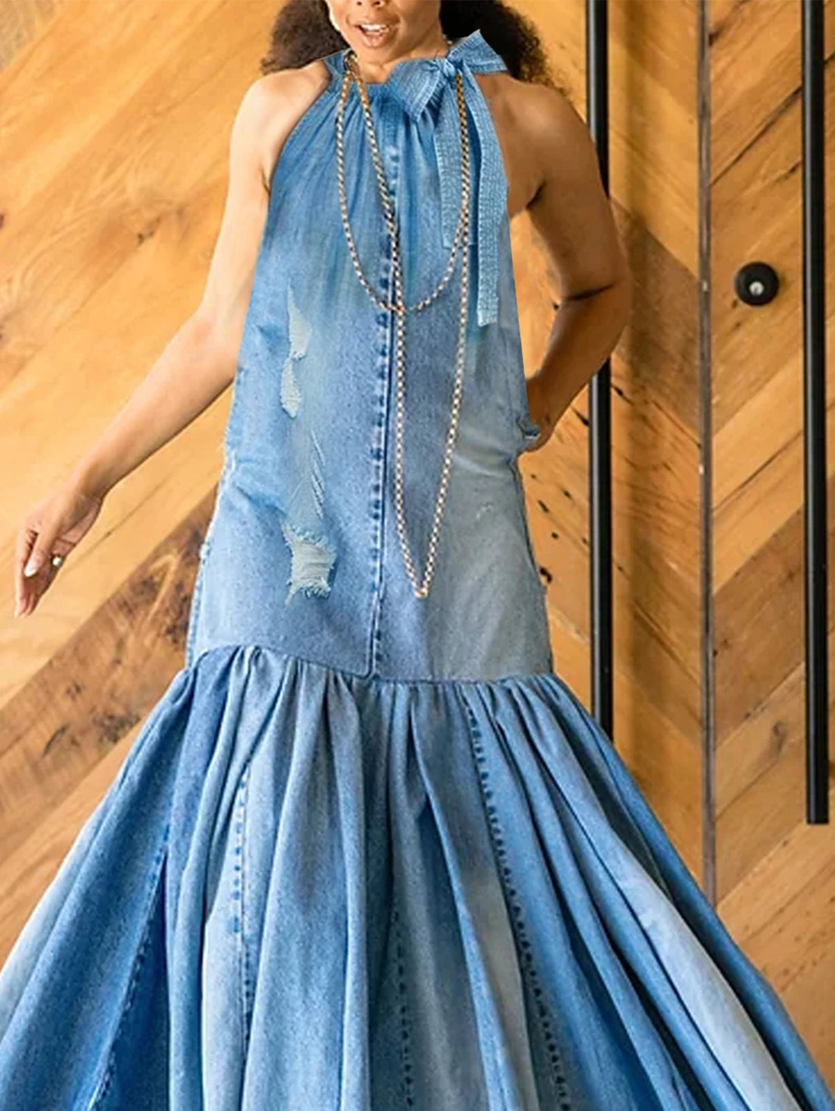 PLUS SIZE Fashion Denim Long Dress Sexy Women Bow Halter Swing Sundress Holiday Sleeveless Robe Casual Loose Mermaid Maxi Dress FZwear