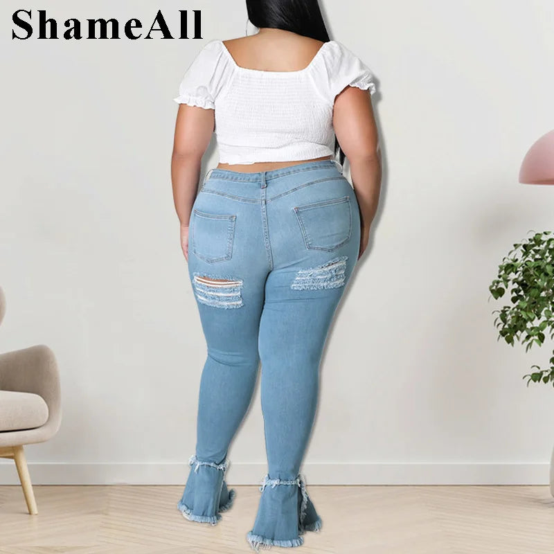 Plus Size Streetwear Lace Up Sexy Ripped Skinny Black Flare Jeans 4XL Woman Club Party High Waisted Stretchy Denim Bell Bottom FZwear