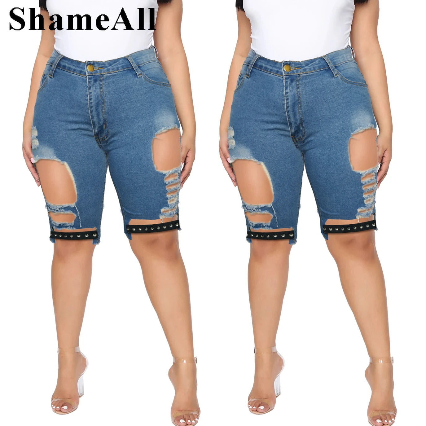 Plus Size Street Punk Hollow Stretchy Shorts 4XL Women Summer Belt Stiching Ripped Hole High Waist Party Club Short Denim Jeans FZwear