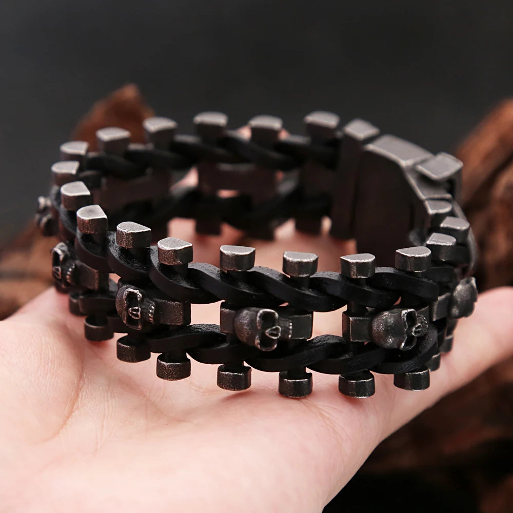 FZ Black Skull Braided Leather Stainless Steel Cool Skull Bracelet