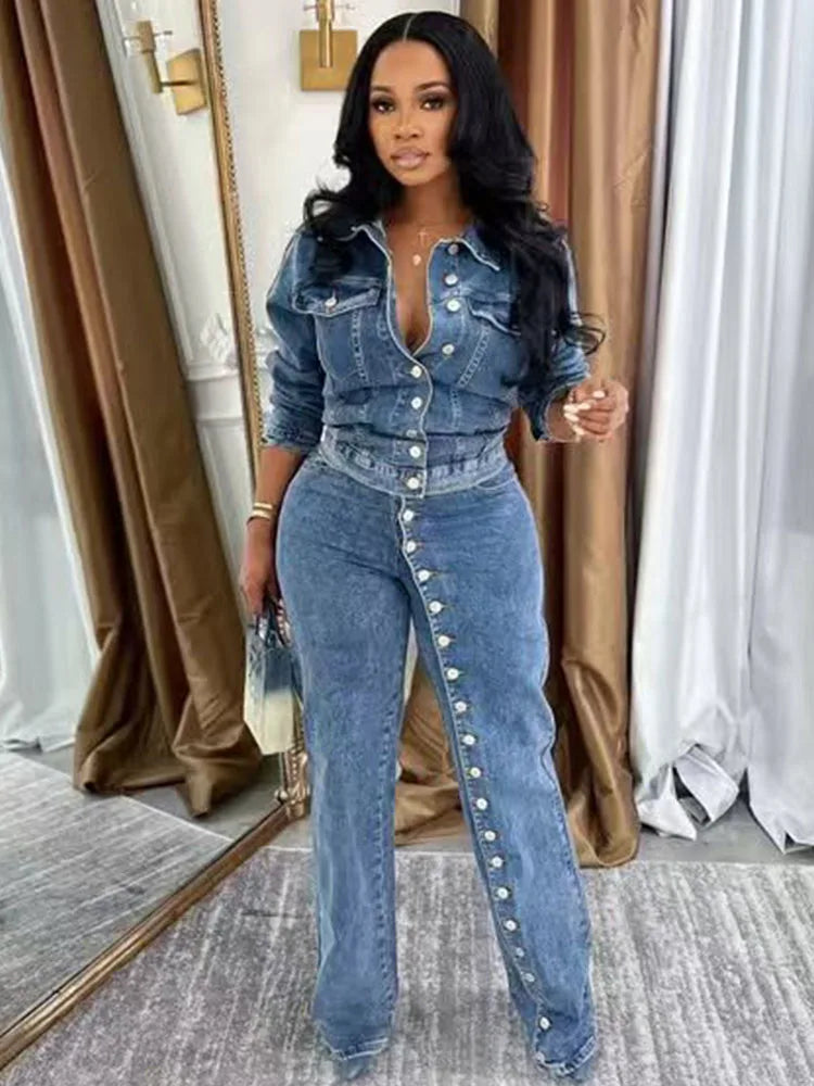 FZ Women's Streetwear Single-breasted Button 2 Piece Wide Leg Denim Pants Suit