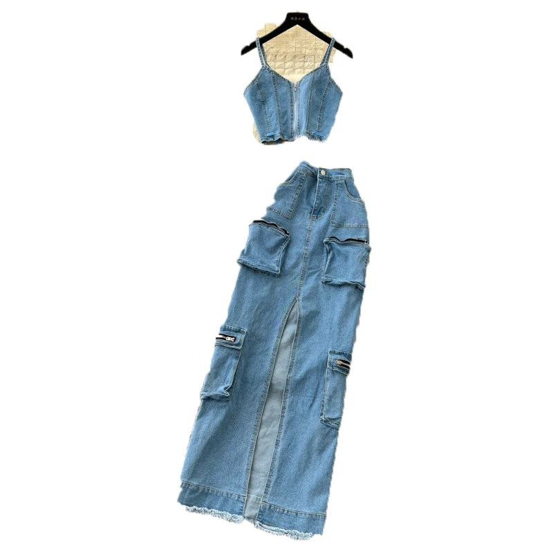 FZ Women's Sling Strapless A Line High Waist Two Piece Denim Skirt Suit