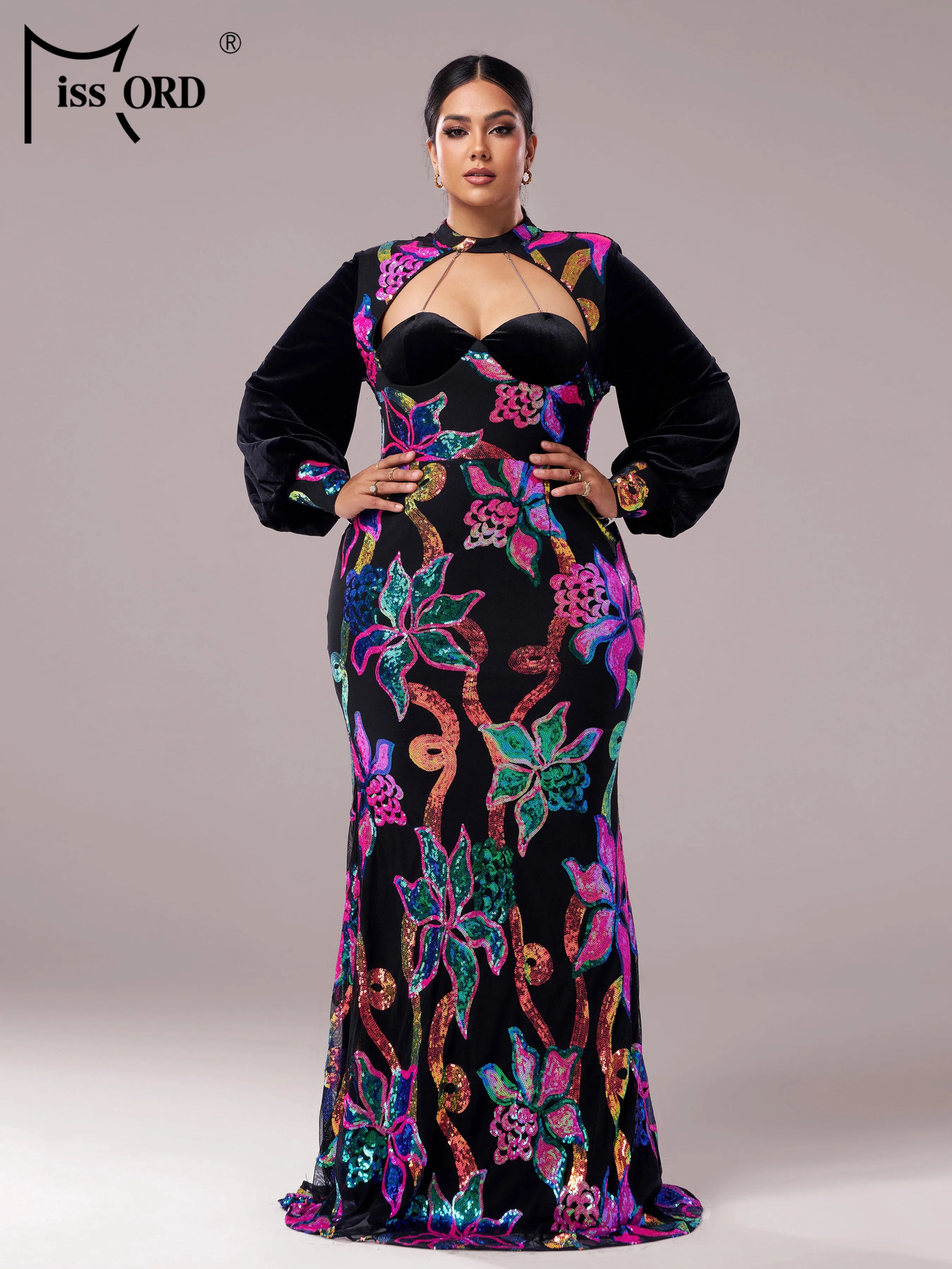 FZ Women's Plus Size Floral Round Neck Long Sleeved Sequin Mermaid Evening Dress
