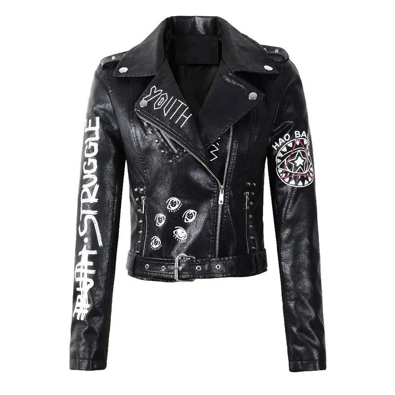FZ Women's PU Rivet Zipper Shoulder Badge, Motorcycle Punk Jacket