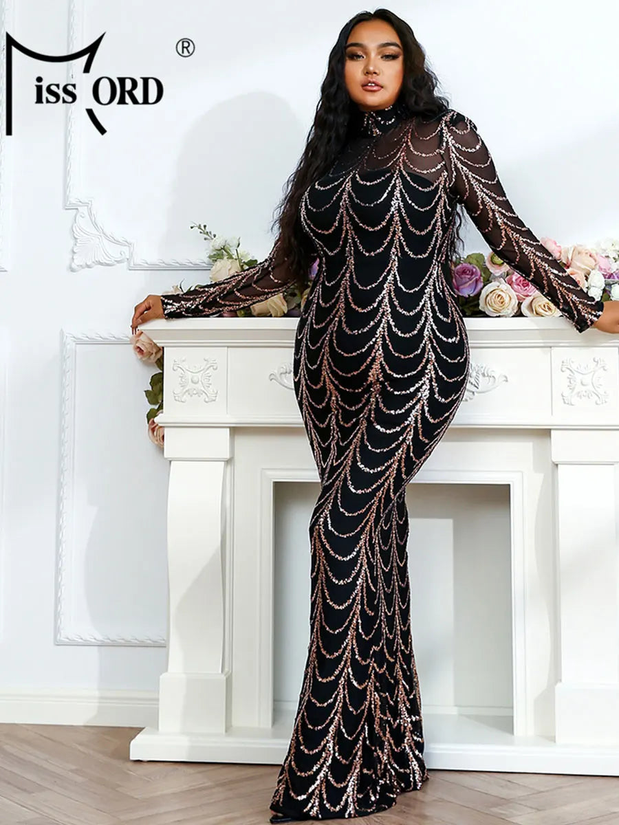 FZ Women's Plus Size High Neck Sequins Maxi Evening Dress