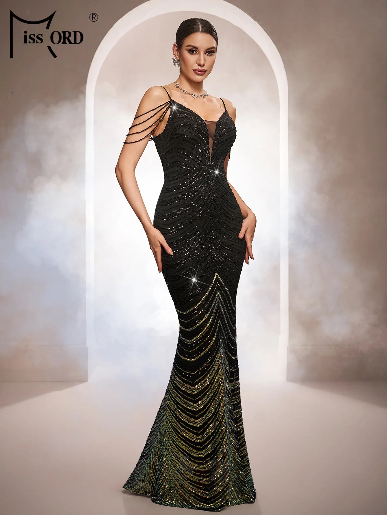 FZ Women's Spaghetti Sequin Mermaid Cocktail Evening Dress