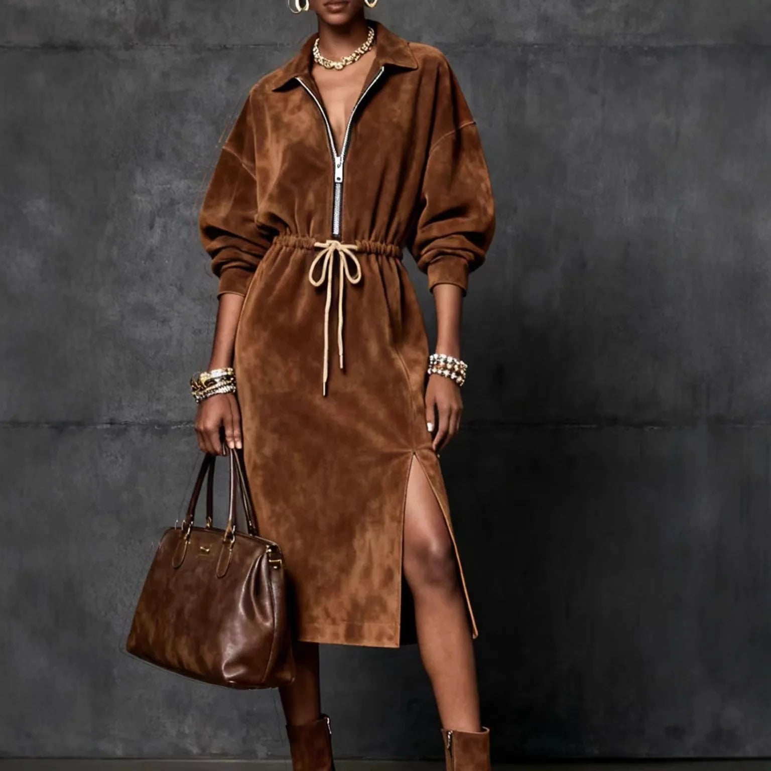 FZ Women's Suede Velvet Drawstring Solid Vintage  Split Hem Midi Dress