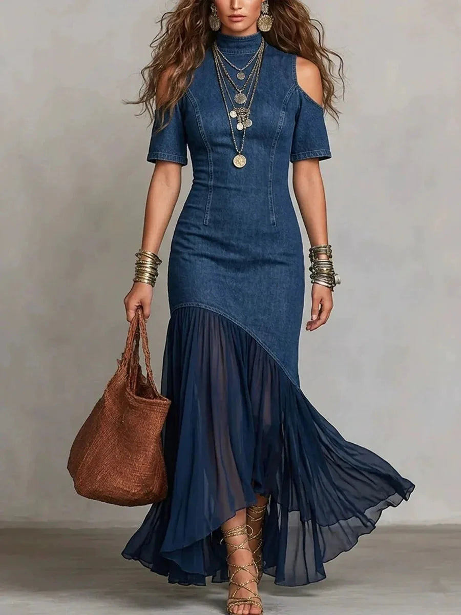 FZ Women's Mock Neck Splicing Chiffon Pleated Off-shoulder Vintage Denim Dress