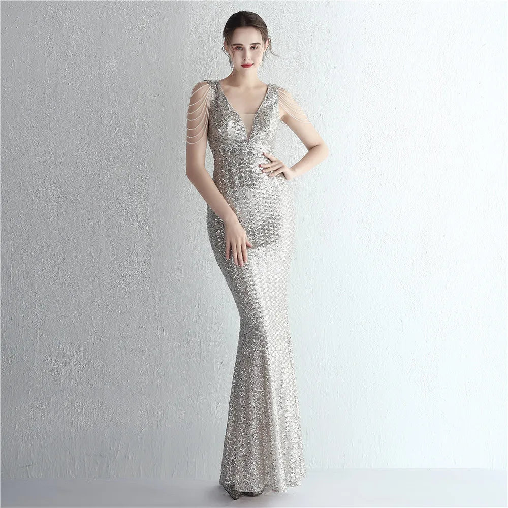 FZ Women's V Neck Sequin Maxi Beading Evening Dress