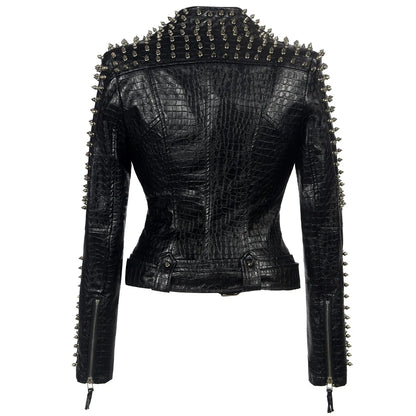 FZ Women's Steampunk Rock Rivet Slim Gothic Embroidery PU Leather Jacket - FZwear