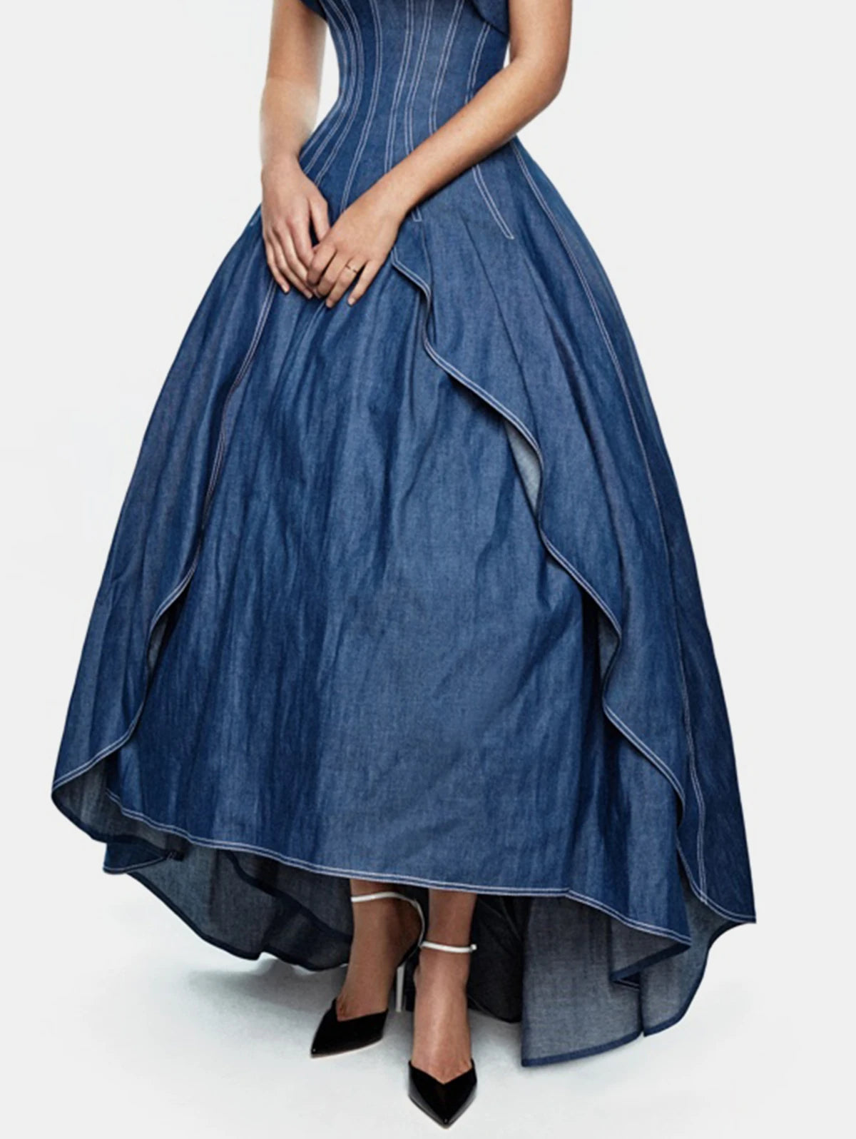 FZ Women's Strapless Irregular Hem Vintage Ruffle Off the Shoulder Imitation Denim Dress