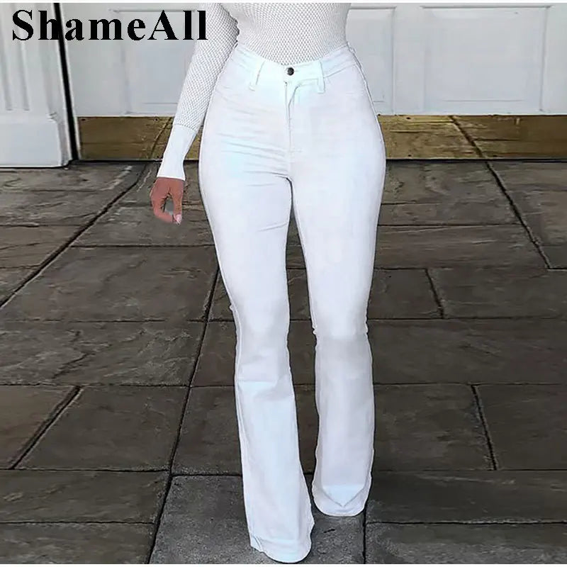 Plus Size High Waist Stretchy Skinny White Bell Bottoms Jeans 4XL Distressed Bodycon Pencil Denim Pants Lady Indie Trousers Jean FZwear