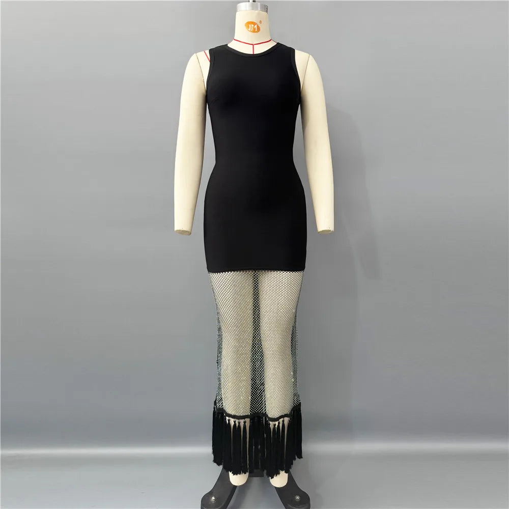 FZ Women's Sleeveless Bandage Beading Tassels Dress