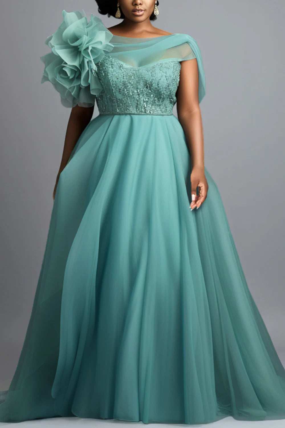 FZ Women's Plus Size Round Neck One Shoulder 3D Elegant Tulle Maxi Dress