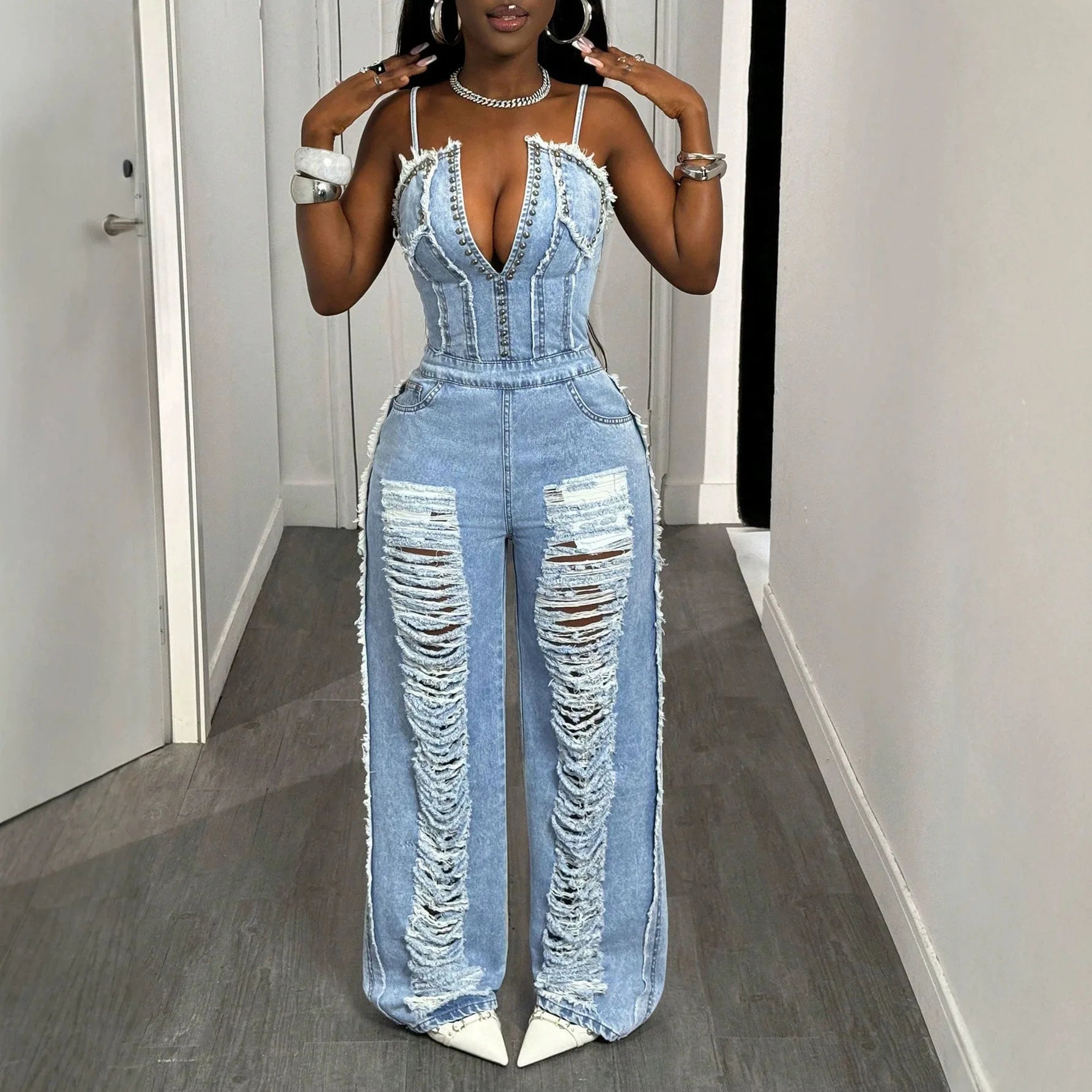 FZ Women's One Piece Strapless Sleeveless Tight Waist Streetwear Denim Jumpsuit