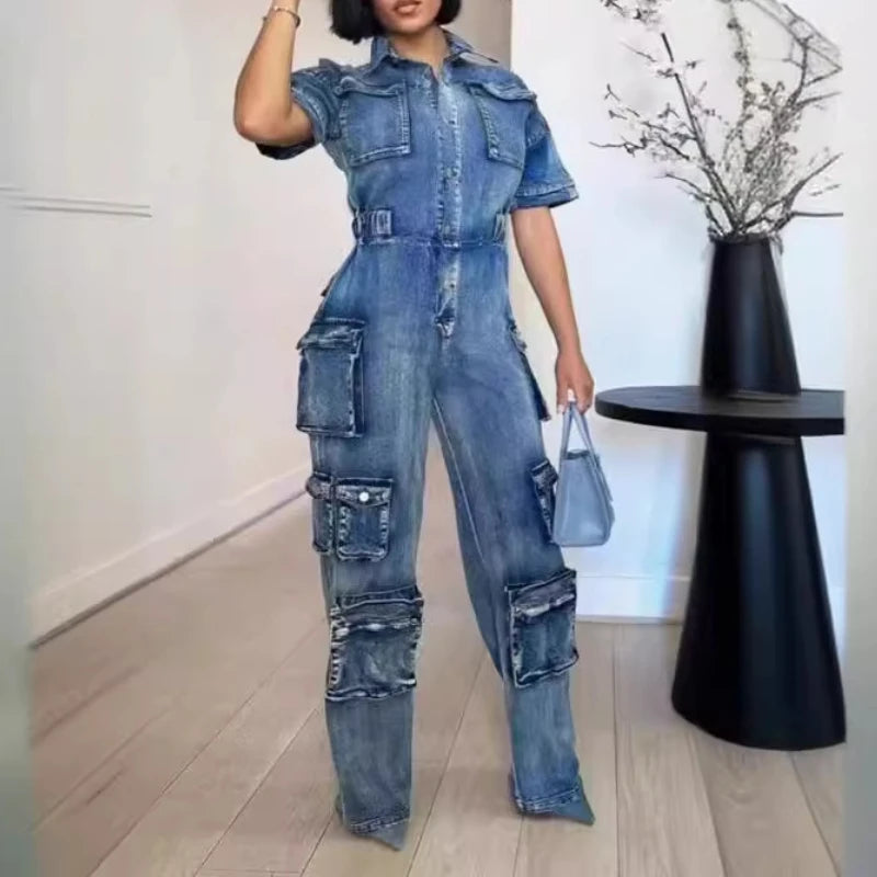 FZ Women's Casual Solid Cargo High Waist One Piece Denim Jumpsuit