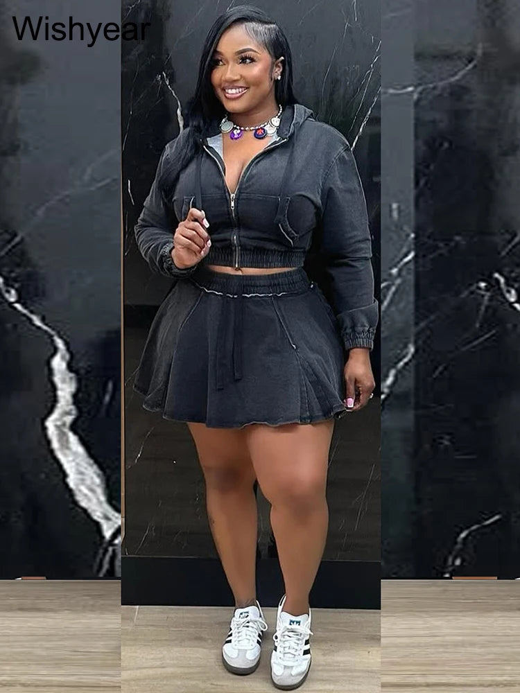 FZ Women's Long Sleeve Hooded Pleated Vintage Wash 2 Piece Denim  Skirt Suit