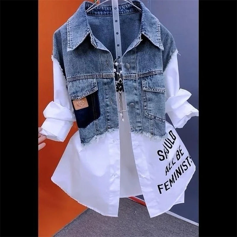 FZ Women's Graphic Combined Denim Jacket Shirt Top