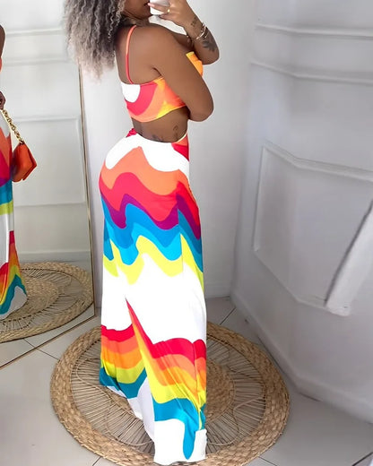 FZ Women's High Waist Hollow Out Rainbow Stripe Print Maxi Dress DSers