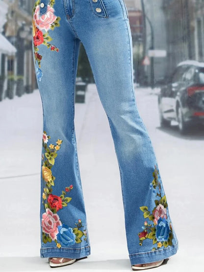 FZ Women's Plus Size Flare Leg Long Floral Embroidery High Waist Denim Pants DSers