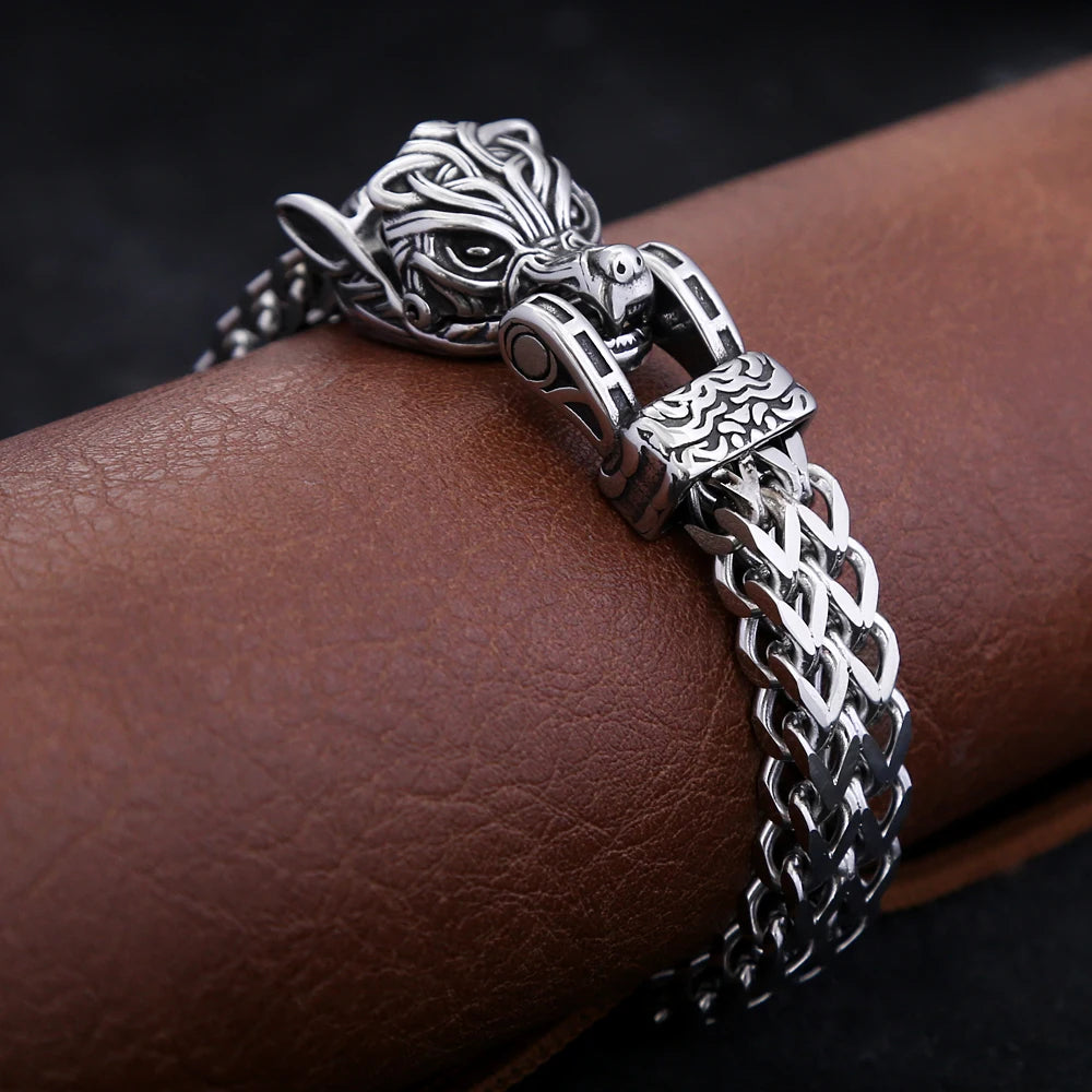 FZ Vintage Viking  Stainless Steel Cool Biker Wolf Head Bracelet