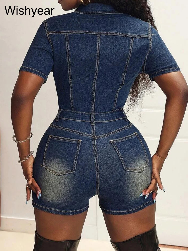 FZ Women's Short Sleeve Buttons One Piece Streetwear Shorts Denim Jumpsuit