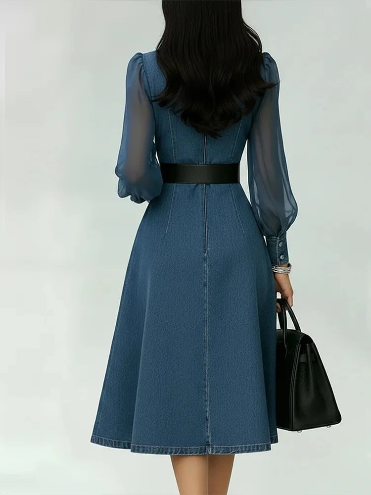 FZ Women's Streetwear Tulle Puff Long Sleeve Maxi Vintage Denim Dress