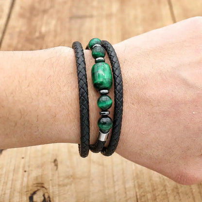 FZ Natural Stone Leather Stainless Steel Leather Green Tiger Eye Bracelet - FZwear