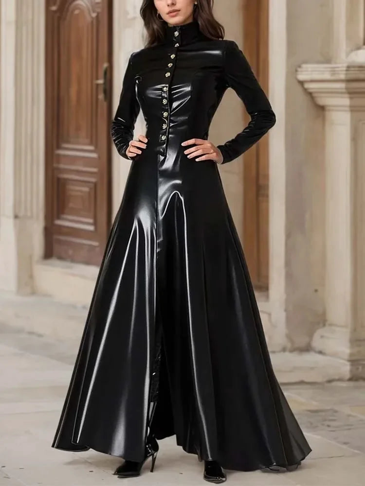 FZ Women's PU Leather Turtleneck Long Sleeve Vintage Slit Hem A-Line Maxi Dress