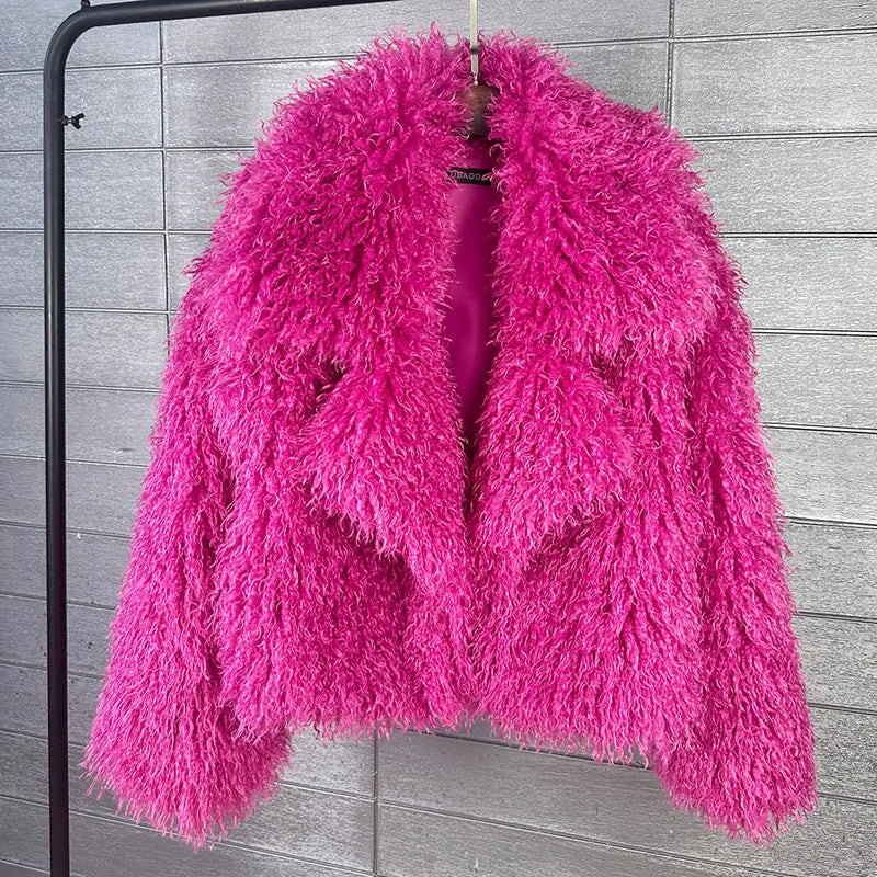 FZ Women's Notched Collar Fuzzy Faux Fur Short Coat Jacket