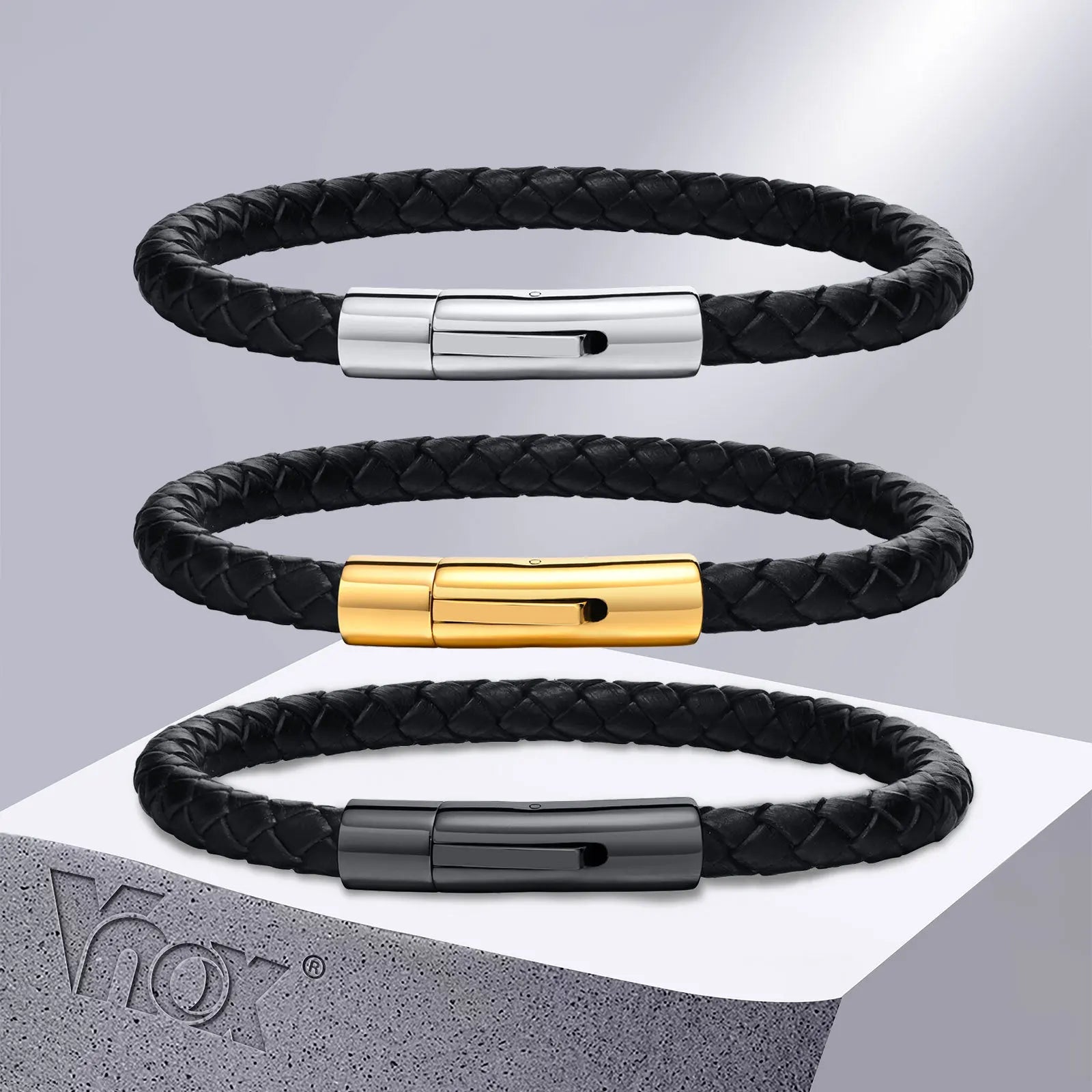FZ Black Braided Leather Stainless Steel Metal Clasp Bracelet - FZwear