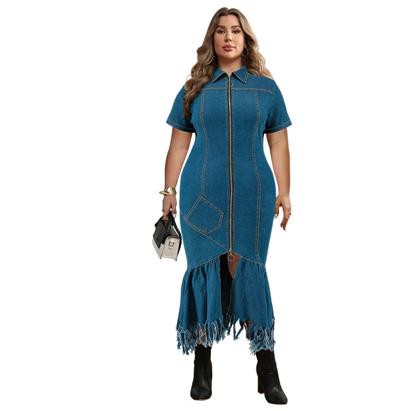 FZ Women's Plus Size Short Sleeve Tassel Zip Denim Dress