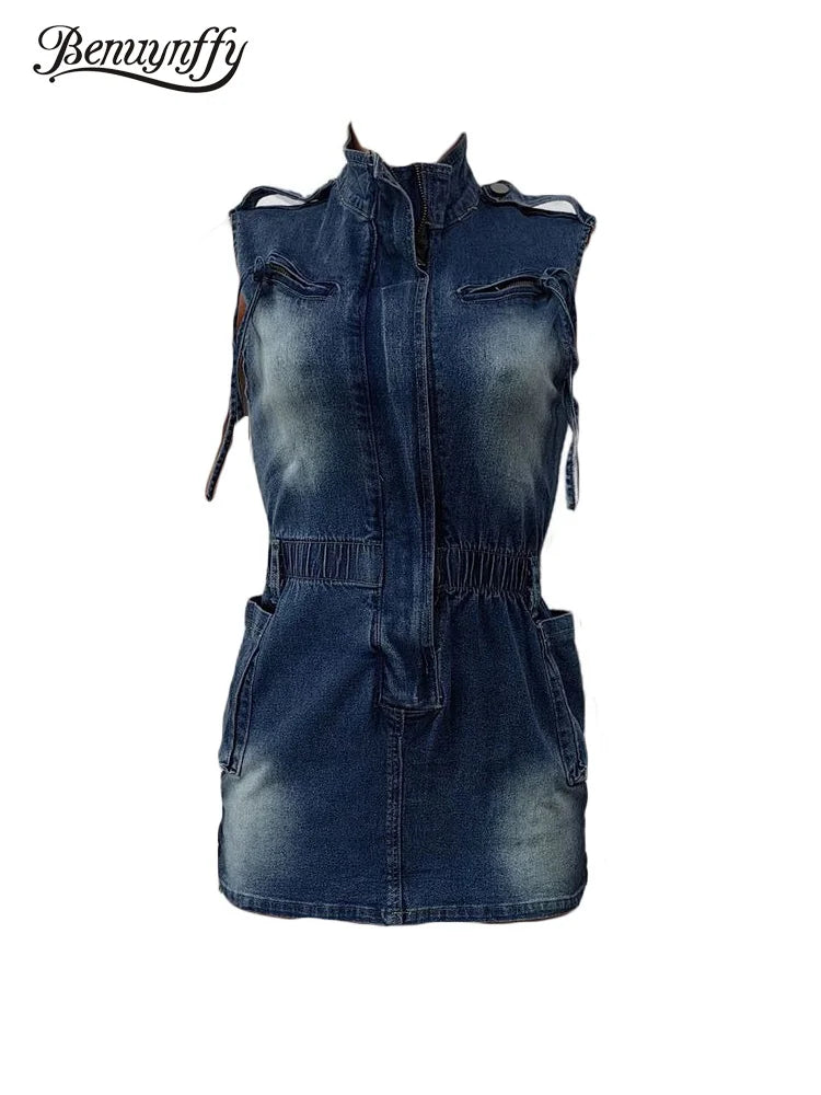 Benuynffy Half Zipper Washed Cargo Denim Dress Women Summer 2024 New Fashion Streetwear Sleeveless Drawstring Mini Jean Dresses FZwear