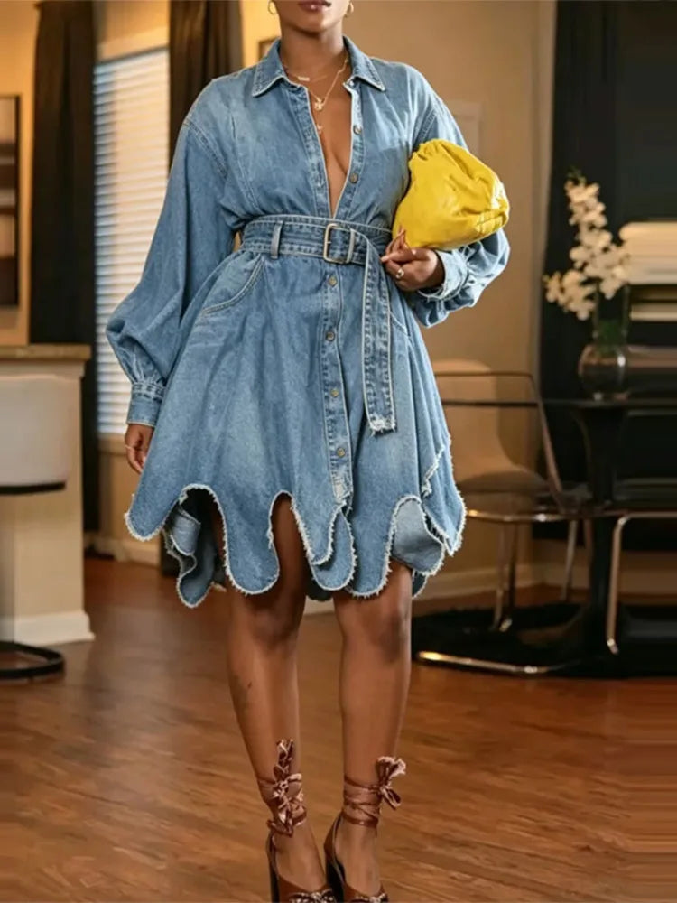 FZ Women's Lapel Long Sleeve Belted Waist Ruffle Hem Mini Denim Dress
