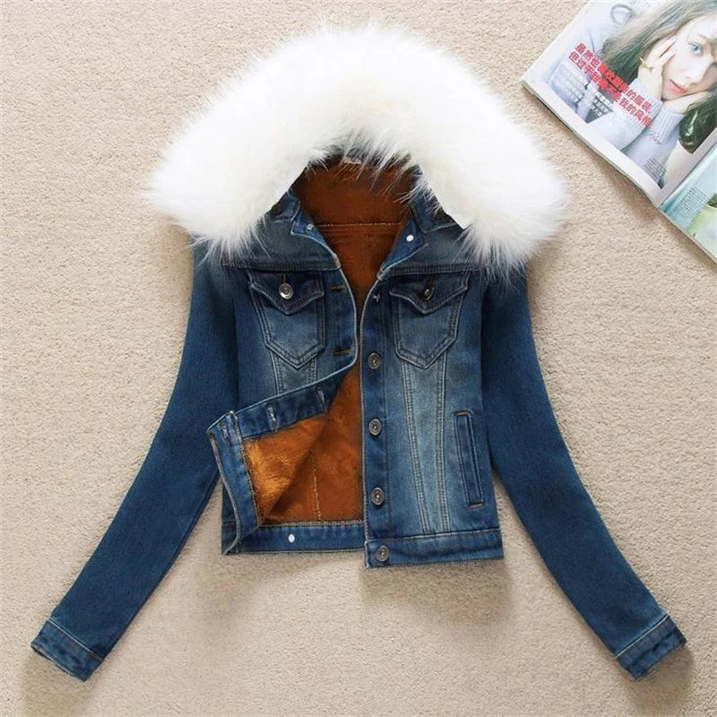 FZ Women's Big Fur Collar Short Coat Thicken Velvet Liner Fleece Denim Jacket