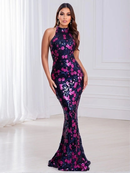 FZ Women's Elegant Flowers Sequin Mermaid Long Lining Floor Length Evening Dress - FZwear