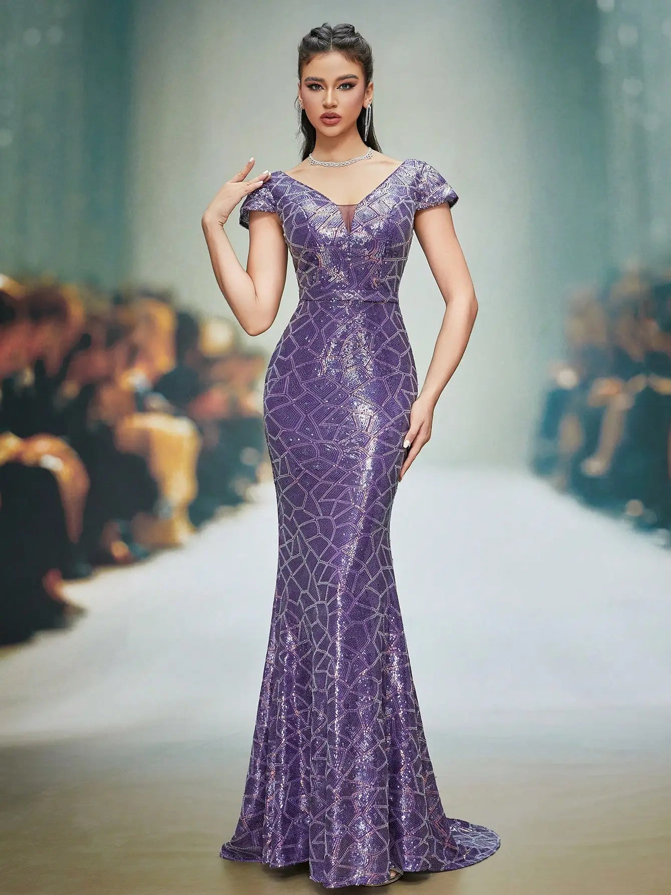 FZ Women's Embroidered Sequins Strapless Sleeves Evening Dress