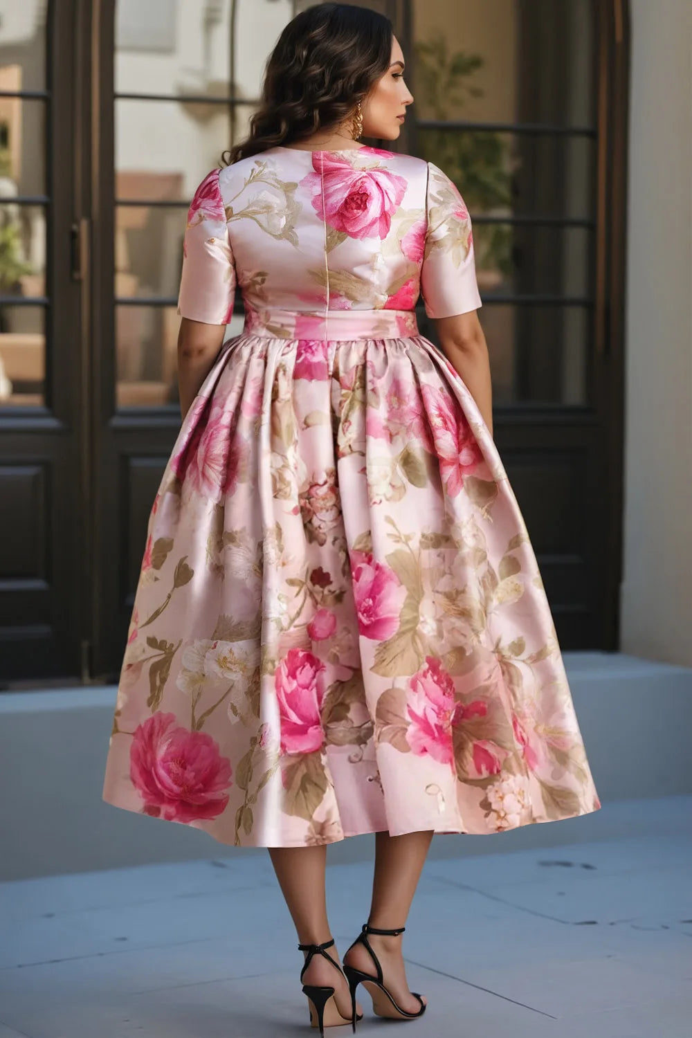 FZ Women's Plus Size Floral Round Neck Short Sleeve Pocket Satin Midi Dress