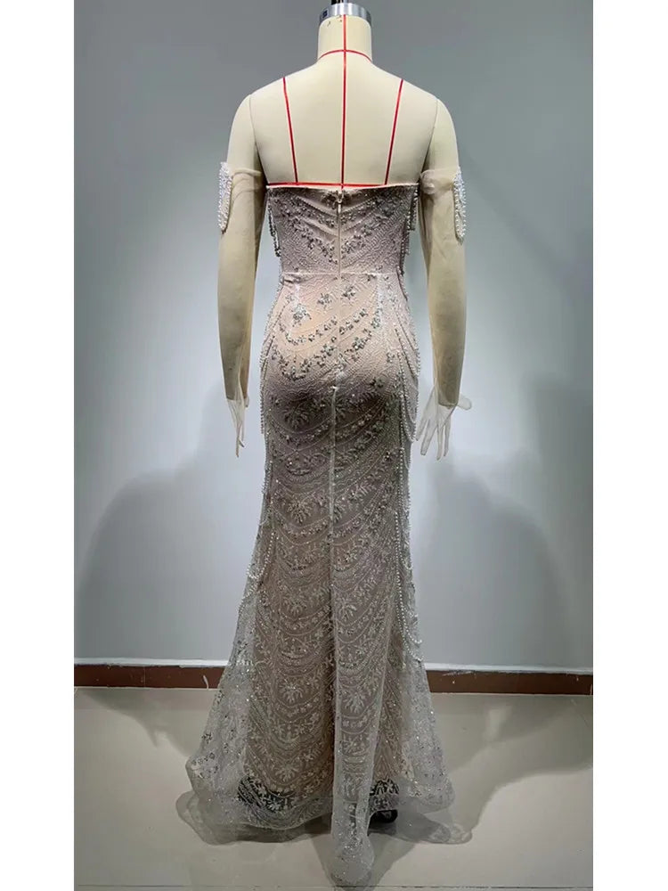 FZ Women's Luxury Sexy Strapless Backless Pearl Sequins Evening Dress - FZwear