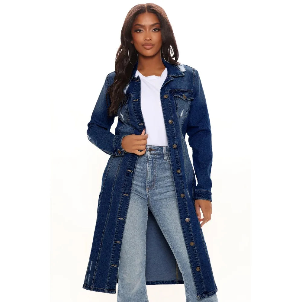 FZ Women's Hole Loose Turndown Collar Straight Denim Jacket - FZwear