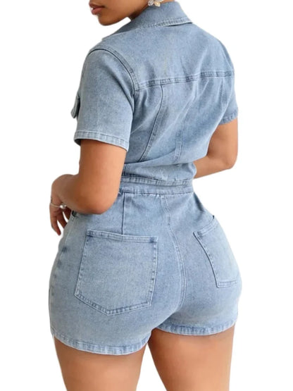 Benuynffy Half Button Short Sleeve Denim Jumpsuits Women Summer Pockets Casual Streetwear One Piece Slim Stretch Rompers Female FZwear