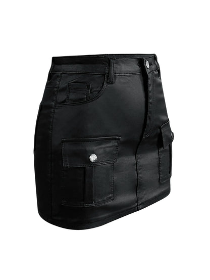 FZ Women's Mid Waist Pocket Design Faux Leather High Street Skirt