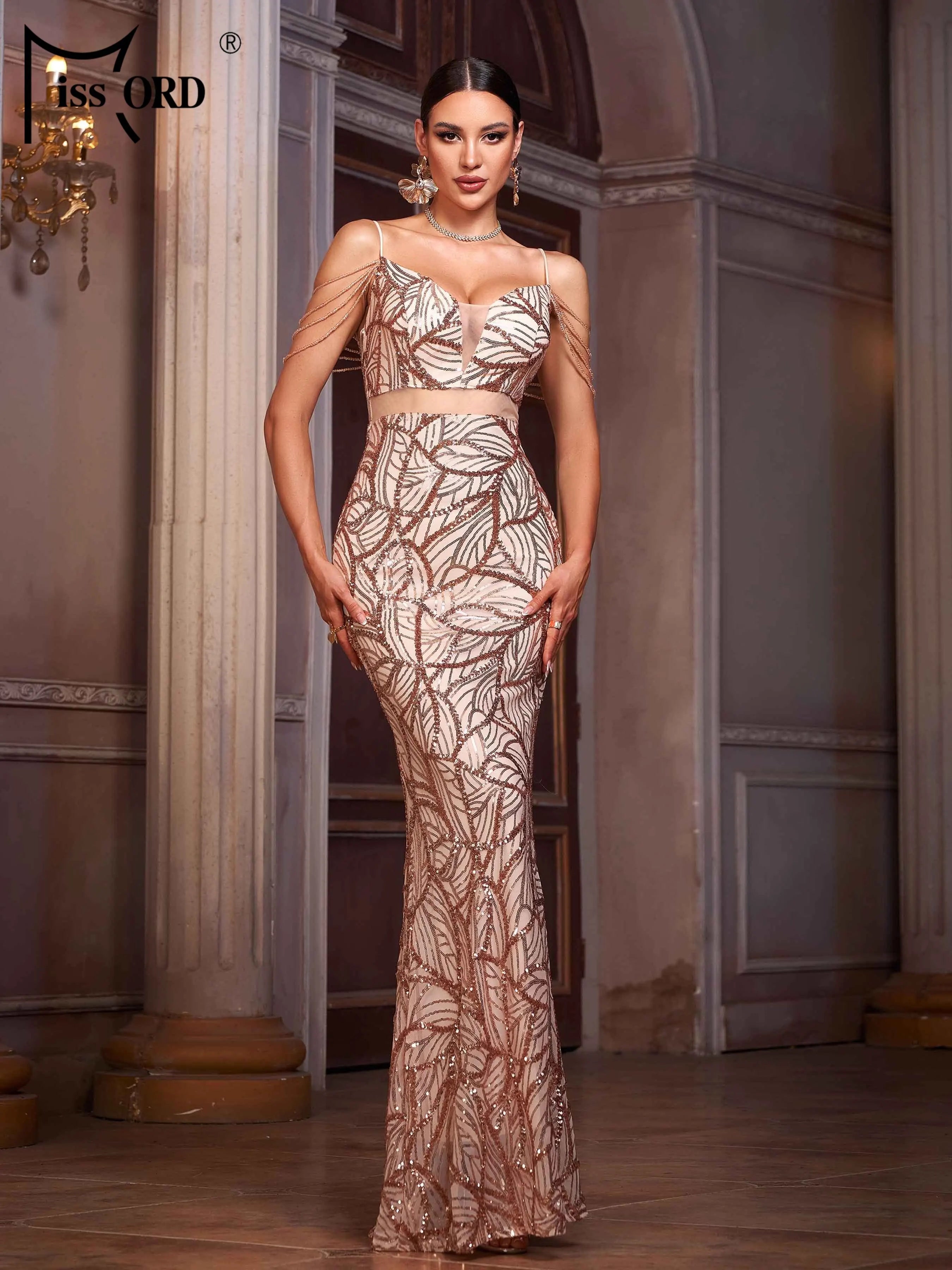 FZ Women's Spaghetti Sequin Mermaid Maxi Evening Dress