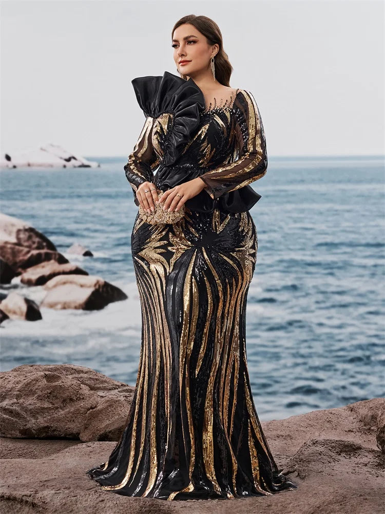 FZ Women's Plus Size Ruffled Sequins Long Sleeve Mermaid Evening Dress