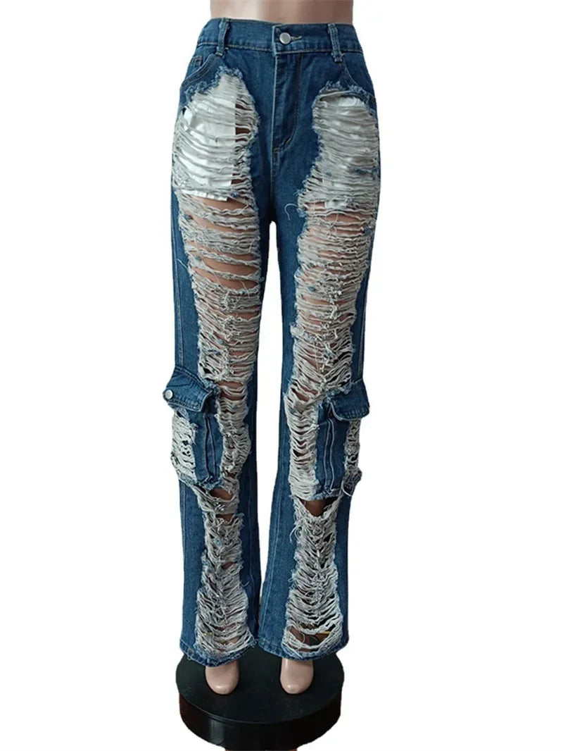 FZ Women's Hollow Out Broken Holes Patchwork  High Waist Denim Pants