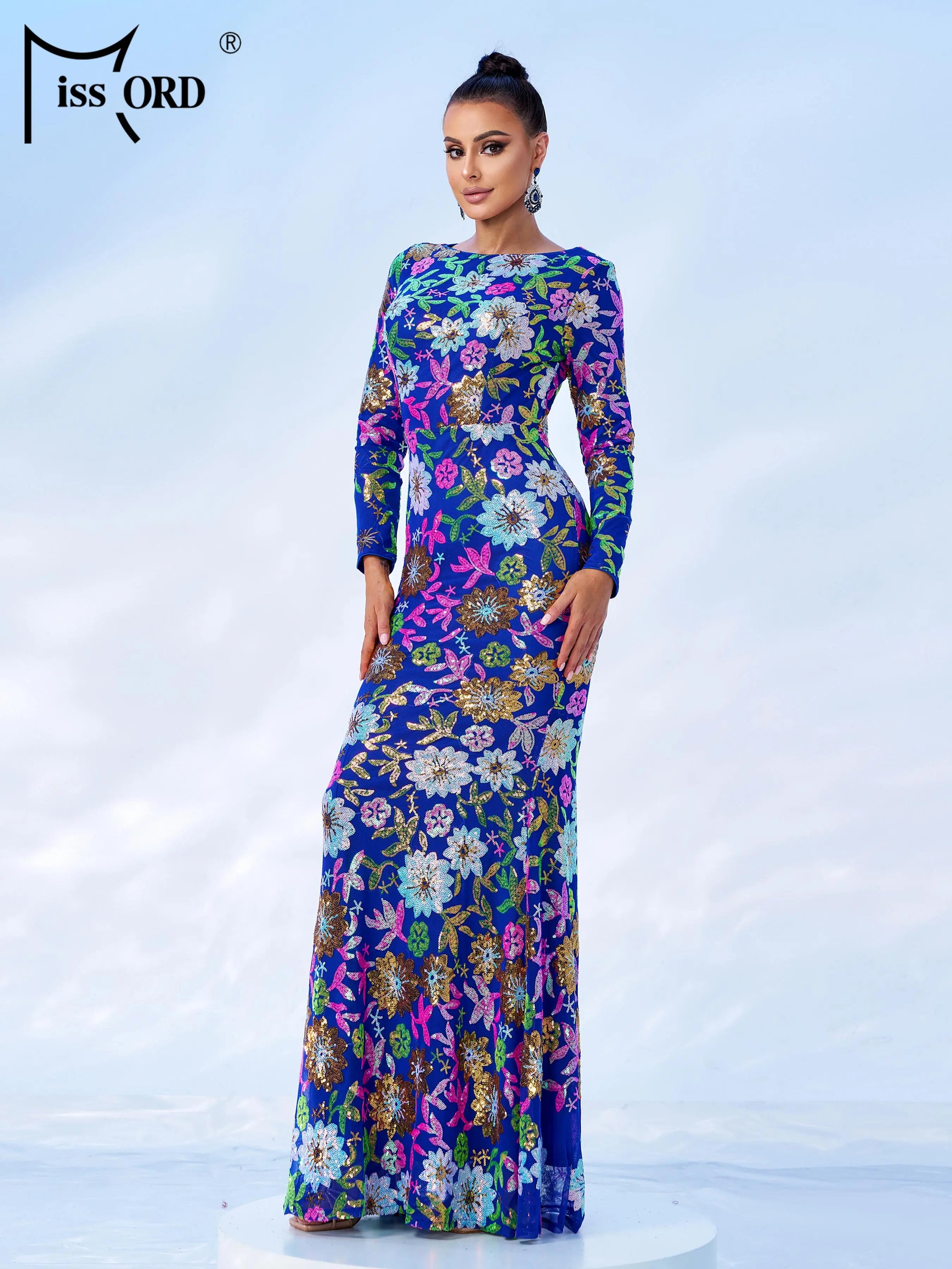 FZ Women's Round Neck Long Sleeved Sequin Mermaid Evening Dress