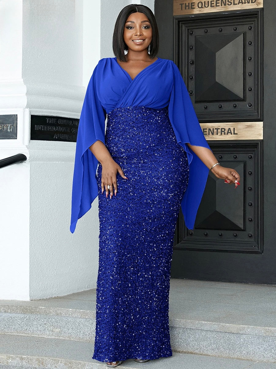 FZ Women's Plus Size V Neck Flare Sleeve Evening Dress