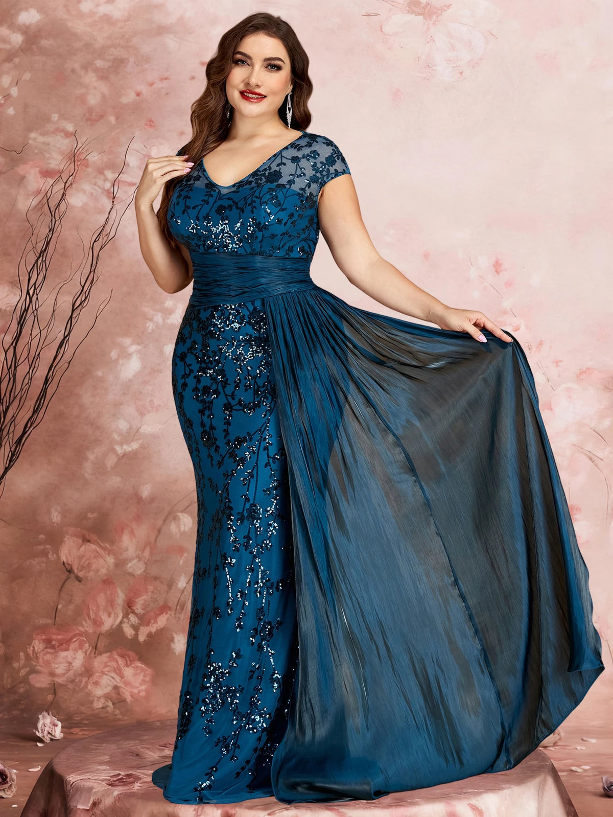 FZ Women's Plus Size Cap Sleeves Sequins Patchwork Evening Dress