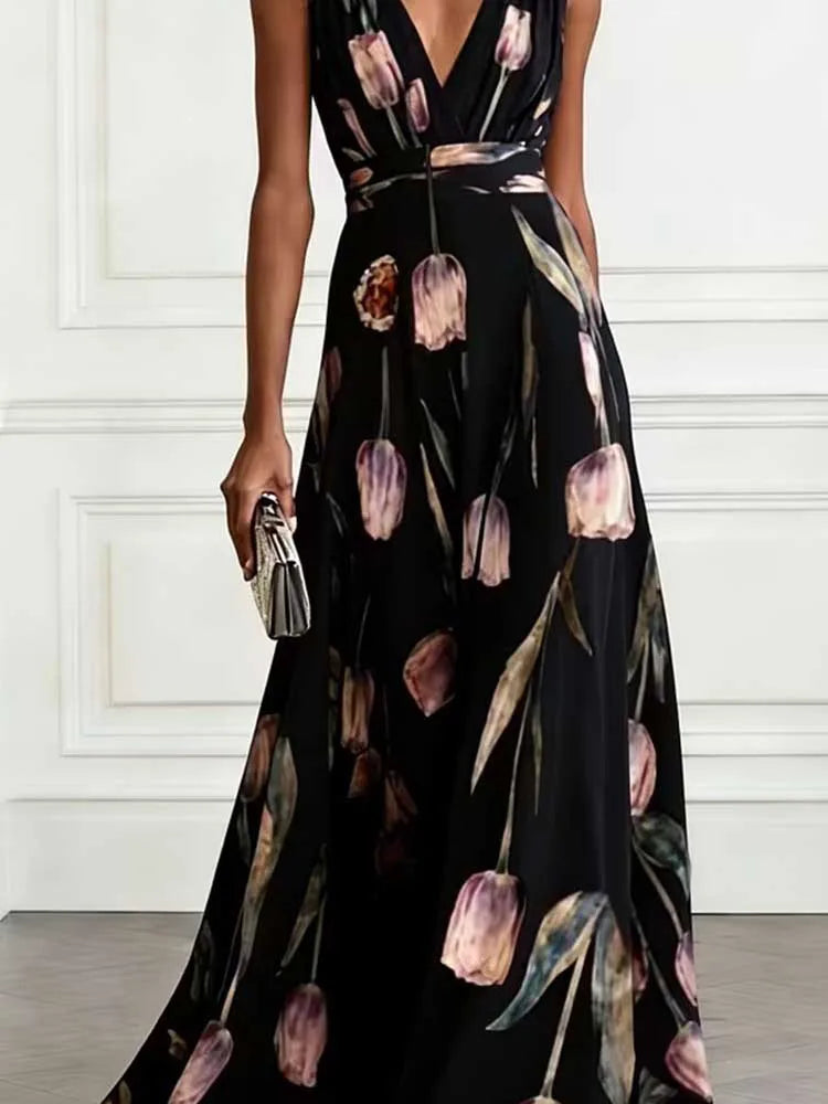 FZ Women's Chic Deep V-neck Sleeveless Floral Sundress